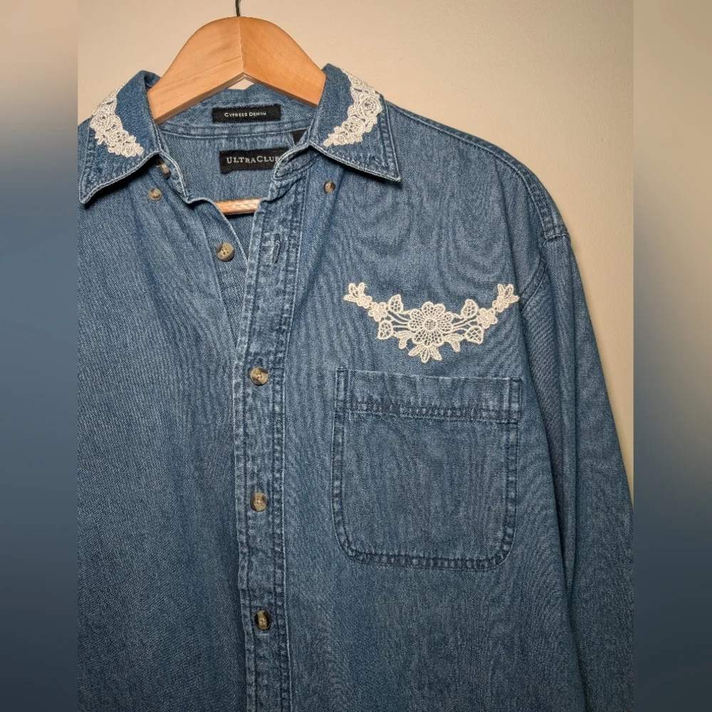 Blue Denim Shirt with Lace embroidery‎ Size M